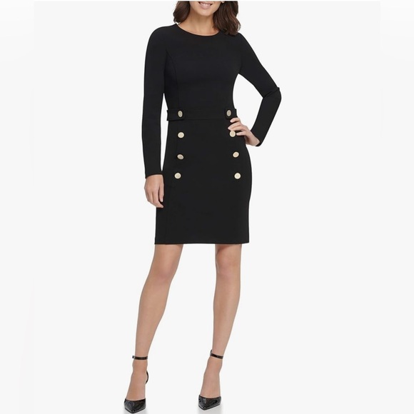 ☕️🖤🎬DKNY Elegant Black Dress with Gold Accents - Picture 3 of 9